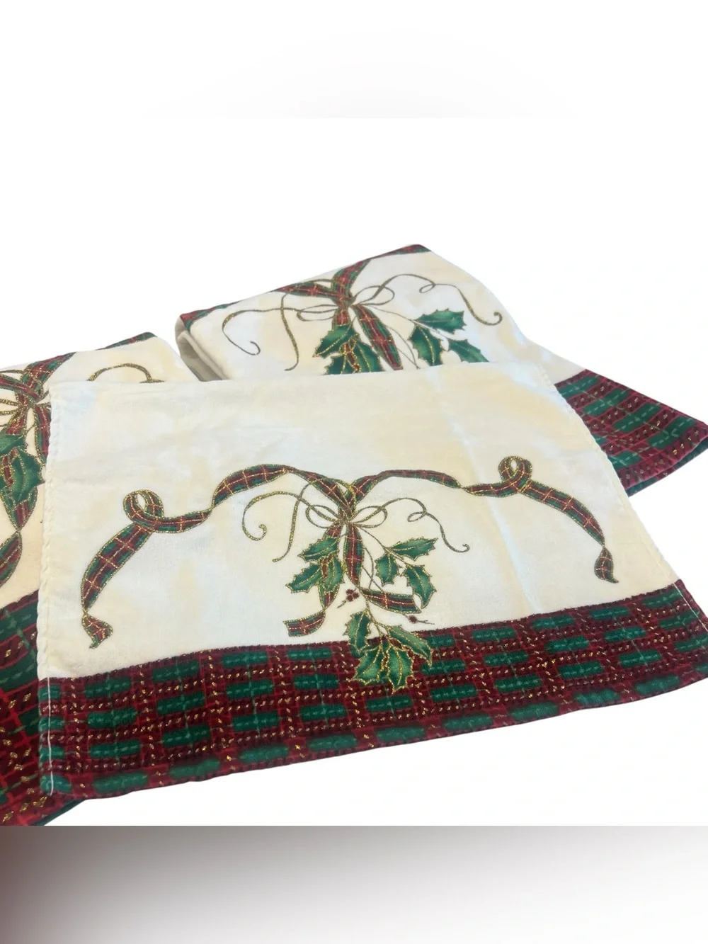 Lenox Holiday Nouveau Towel Set 3 Pc Bath & Fingertip Towels Holly Tartan Plaid